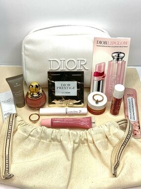 Dior White Cosmetic Pouch beauty items w Tory dust bag 14 pcs total